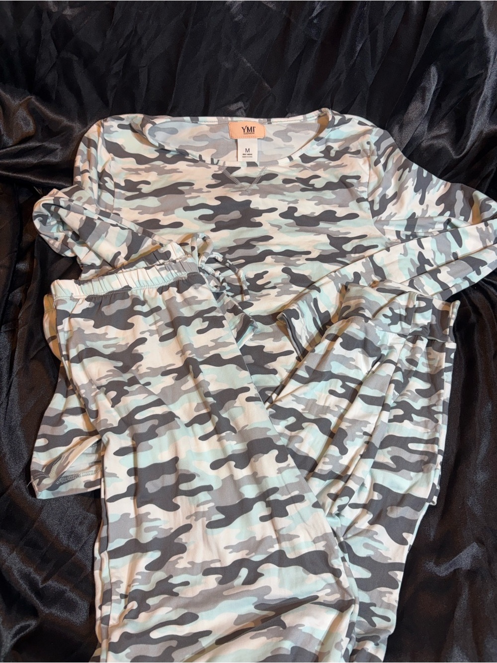 YMI Camo Print Pajama Set • Soft Mint & Gray Loungewear • Size M
